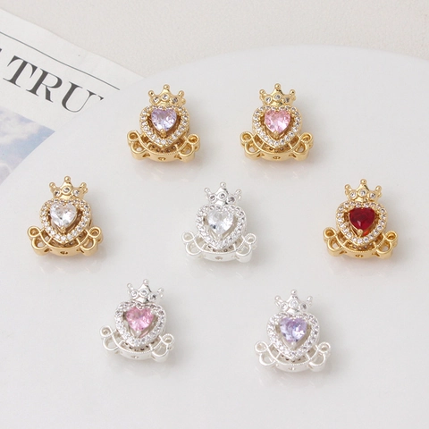Copper Princess Crown Carriage Charms Heart Shaped Zirconia Inlaid DIY Jewelry Accessories For Bracelet Necklace Making Women