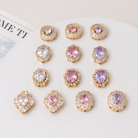 Copper Micro Pave Zirconia Geometric Spacer Beads Gold Plated Rhombus Square Multi Hole Connectors For DIY Jewelry Making