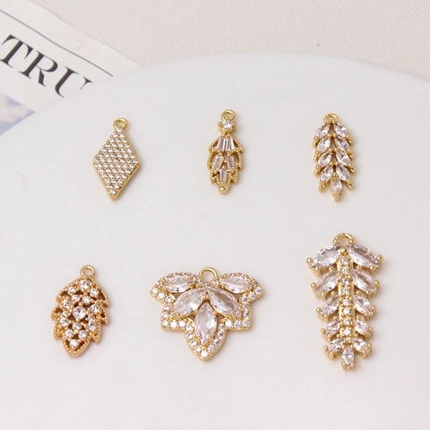 Gold Plated Copper Rhinestone Fan Shaped Leaf Pendant Small Charms For DIY Necklace Bracelet Making Jewelry Accessory Only