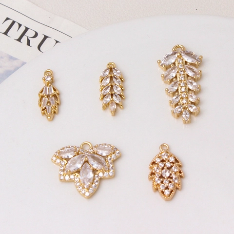 Gold Plated Copper Rhinestone Fan Shaped Leaf Pendant Small Charms For DIY Necklace Bracelet Making Jewelry Accessory Only