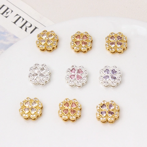 Copper Micro Inlaid Zirconia Four Leaf Clover Heart Shape Spacer Beads For DIY Jewelry Making Bracelet Necklace Accessories