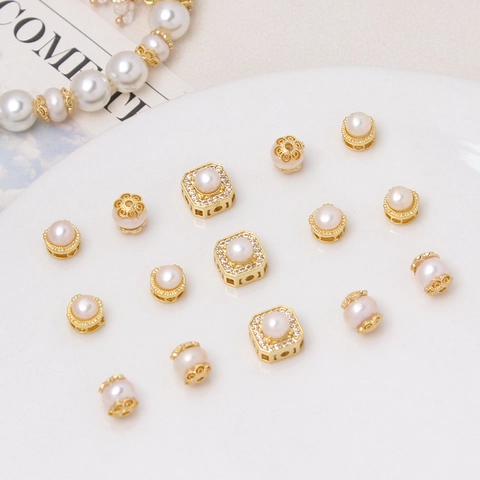 18K Gold Plated Copper Natural Freshwater Pearl Geometric Spacer Beads Zirconia Hollow Out Jewelry Findings For DIY Bracelet Making