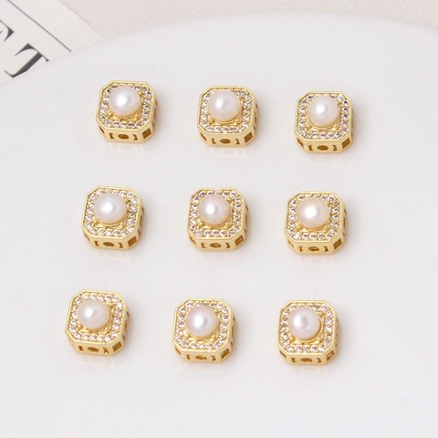18K Gold Plated Copper Natural Freshwater Pearl Square Spacer Bead Zirconia DIY Jewelry Making Bracelet Necklace Component