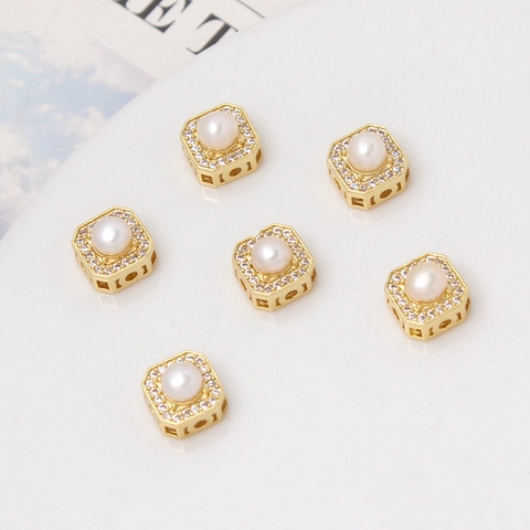 18K Gold Plated Copper Natural Freshwater Pearl Square Spacer Bead Zirconia DIY Jewelry Making Bracelet Necklace Component