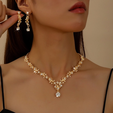 Luxurious Zinc Alloy Rhinestone Wedding Jewelry Necklace Earrings Bracelet Ring Bridal Banquet Women Accessories Floral Vine Ornament