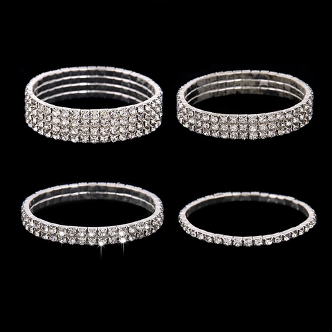 Sparkling Rhinestone Stretch Bracelet Multi Row Silver Plated Copper Elastic Bangle Jewelry For Women Wedding Party Accessory