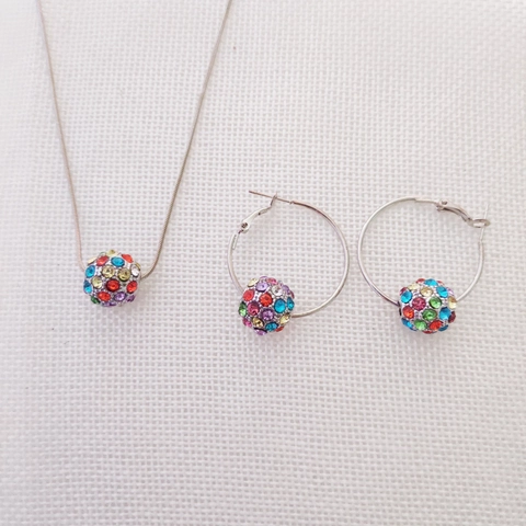 Mode Legierung Strass Runde Kugel Anhänger Halskette Und Creolen Mehrfarbiger Schmuck Für Damen Büro Party Geschenk