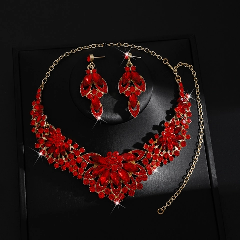 Luxury Alloy Crystal Rhinestone Flower Necklace Earrings Jewelry Set For Women Wedding Banquet Party Formal Dress Accessories