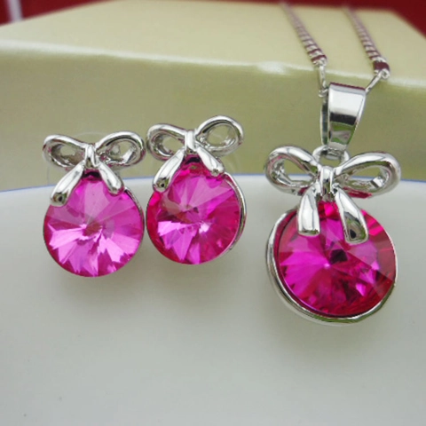 Sweet Alloy Crystal Bow Jewelry Set For Women Round Faceted Glass Stone Necklace And Stud Earrings Fashion Party Accessory