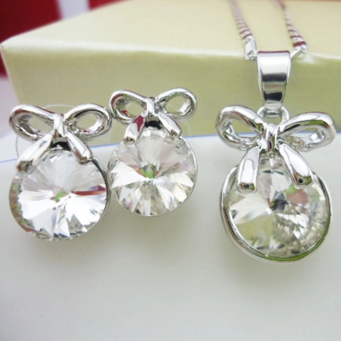 Sweet Alloy Crystal Bow Jewelry Set For Women Round Faceted Glass Stone Necklace And Stud Earrings Fashion Party Accessory