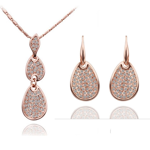 Eleganter Roségold Silber Plattiert Legierung Tropfen Anhänger Halskette Ohrringe Ring Schmuck Für Damen Strass Verzierung Accessoire