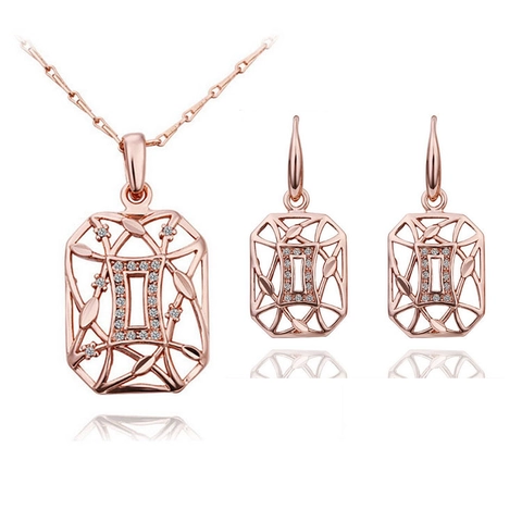 Exquisites Geometrisches Würfel Legierung Schmuckset Strass Eingelegt Roségold Silber Ton Hohl Anhänger Halskette Ohrringe Für Damen