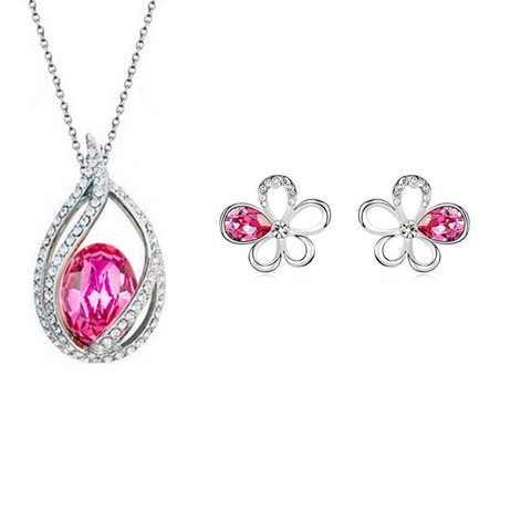 Elegante Conjunto de Joyería de Collar con Colgante de Gota de Cristal de Aleación y Pendientes de Botón de Flor para Mujer