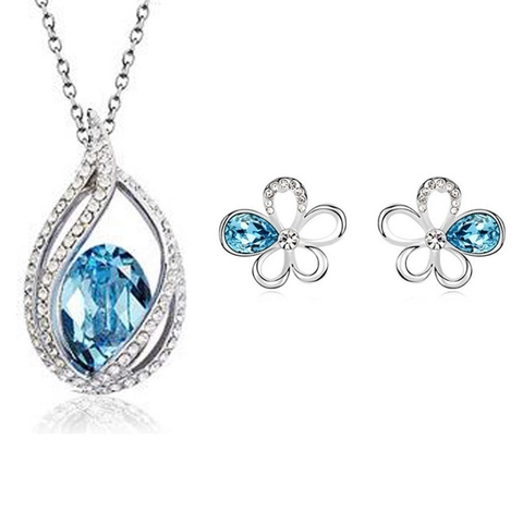 Elegante Conjunto de Joyería de Collar con Colgante de Gota de Cristal de Aleación y Pendientes de Botón de Flor para Mujer