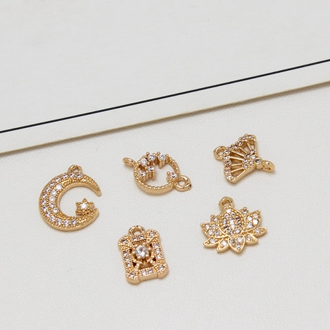 Gold Plated Copper Zircon Moon Star Lotus Fan Geometric Pendant For DIY Jewelry Making Necklace Bracelet Accessory