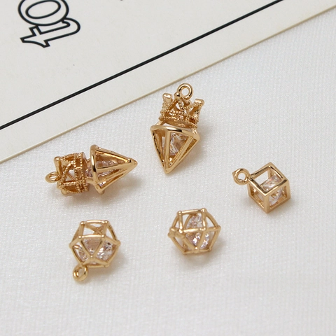 Copper Cubic Zirconia Geometric Pendant Only Without Chain Gold Plated Hollow Cube Crown Charm For DIY Jewelry Accessory