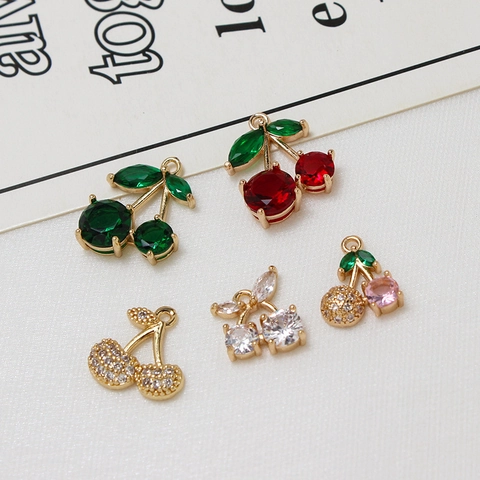 Copper Micro-Pave Rhinestone Cherry Pendant Charms For DIY Earrings Bracelets Necklaces Jewelry Making Accessories For Women