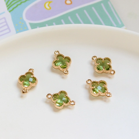 Gold Plated Copper Clover Connector Charms With Transparent Crystal Glass Double Loop For DIY Jewelry Bracelet Making