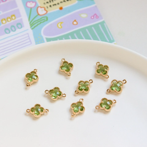 Gold Plated Copper Clover Connector Charms With Transparent Crystal Glass Double Loop For DIY Jewelry Bracelet Making