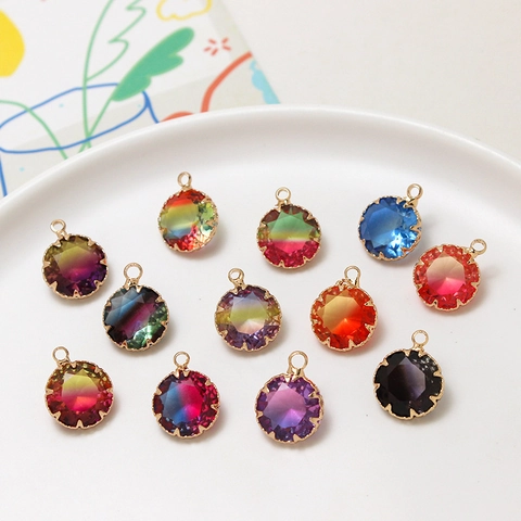 Copper Gold Plated Round Faceted Gradient Glass Pendant For DIY Jewelry Making Vintage Earrings Hairpin Accessories Pendant Only