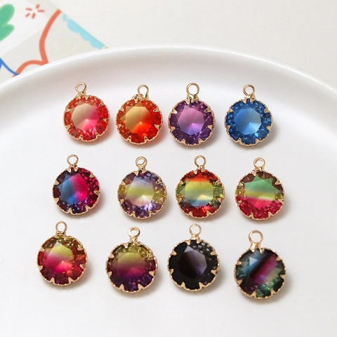 Copper Gold Plated Round Faceted Gradient Glass Pendant For DIY Jewelry Making Vintage Earrings Hairpin Accessories Pendant Only