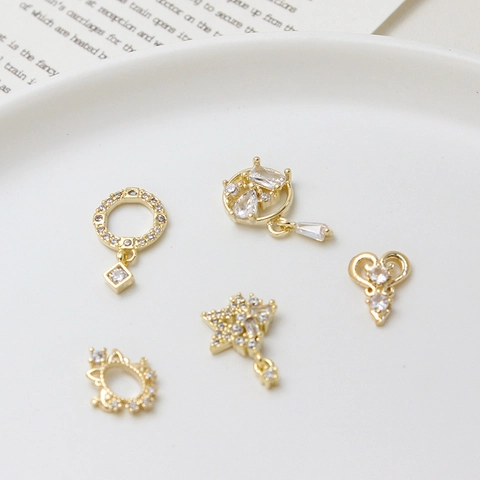 DIY Copper Gold Plated Rhinestone Nail Art Charms Geometric Heart Water Drop Pendants Handmade Jewelry Making Accessories