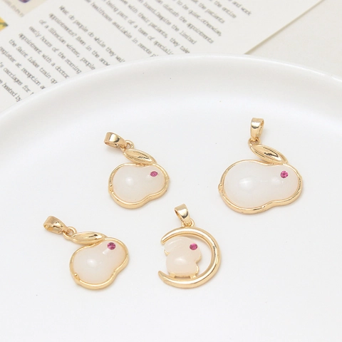 Ciondoli in Rame a Forma di Coniglio e Luna Con Giada Sintetica e Strass per Creazione di Orecchini Collane Bracciali Fai da Te Oro