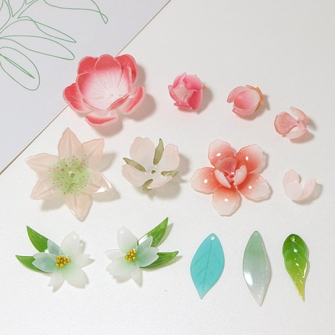 Acrylic Flower Leaf Charms For Jewelry Making Gradient Pink White Green Camellia Lily Pendants Traditional Style DIY Earring Findings For Women