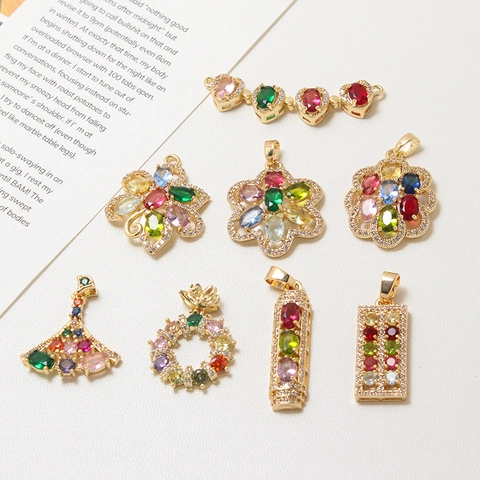 Copper Real Gold Plated Colorful Rhinestone Flower Hollow Fan Shaped Pendants For DIY Earring Necklace Jewelry Making Accessories