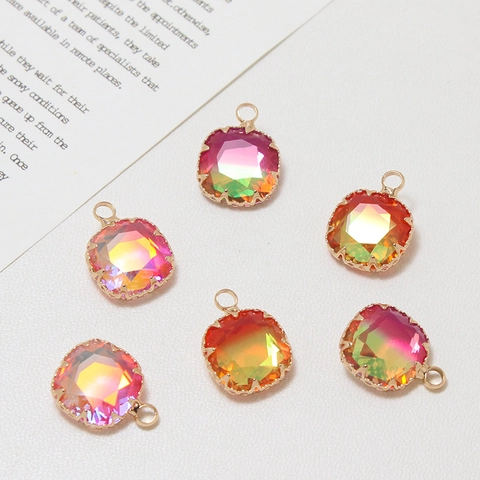 Pendente in Vetro Cristallo Sfumato Iridescente Solo (Senza Catena) Rame Placcato Oro Charm Quadrilatero Geometrico per Creazione Gioielli DIY