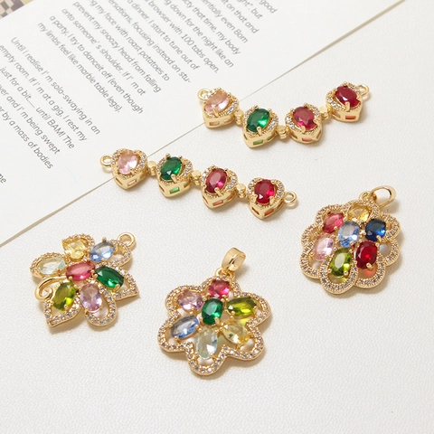 Copper Real Gold Plated Colorful Rhinestone Flower Hollow Fan Shaped Pendants For DIY Earring Necklace Jewelry Making Accessories