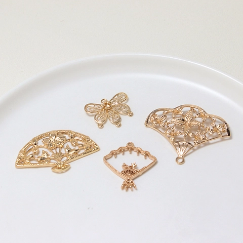 Vintage DIY Copper Hollow Fan Butterfly Shape Pendants Gold Plated Filigree Jewelry Making Materials For Hanfu Hairpin Accessories