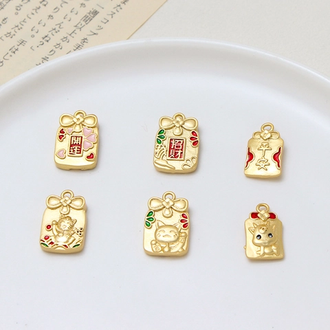 Ancient Gold Style Copper Lucky Bag Amulet Pendant Enamel Fortune Cat Charm For DIY Jewelry Necklace Earrings Accessory
