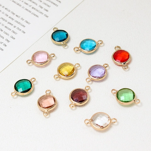 10mm Round Faceted Glass Crystal Charm Connector Gold Plated Copper Double Loop Link For DIY Jewelry Making Accessories