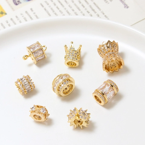 Copper Cubic Zirconia Spacer Beads For Jewelry Making DIY Bracelet Necklace Gold Plated Crown Cylinder Shape Beads Charm