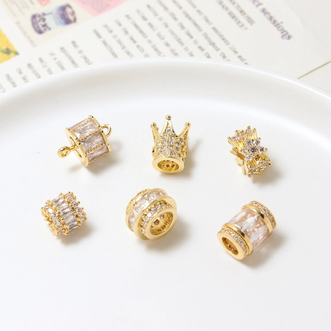 Copper Cubic Zirconia Spacer Beads For Jewelry Making DIY Bracelet Necklace Gold Plated Crown Cylinder Shape Beads Charm