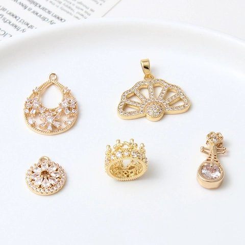 Copper Micro-inlaid Zirconia Pendants For Jewelry Making DIY Crown Fan Shape Water Drop Pipa Style Gold Jewelry Components Materials