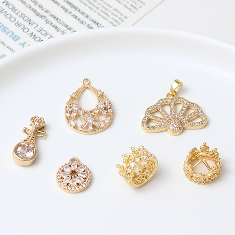 Copper Micro-inlaid Zirconia Pendants For Jewelry Making DIY Crown Fan Shape Water Drop Pipa Style Gold Jewelry Components Materials