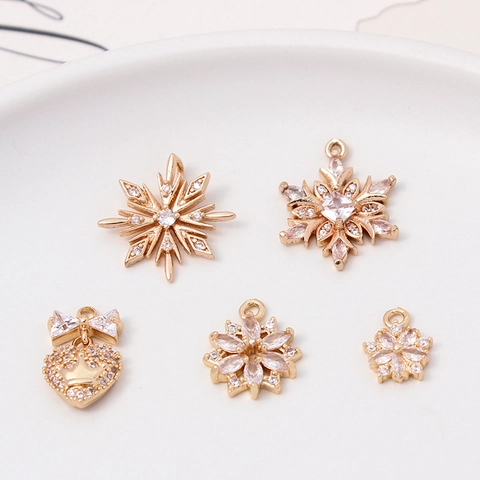 Copper Micro Pave Rhinestone Snowflake Heart Pendant For DIY Jewelry Making Necklace Bracelet Earring Craft Gold Accessory