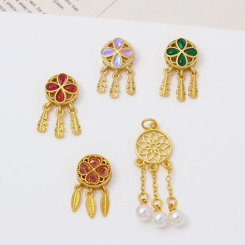 Cuentas Espaciadoras Atrapasueños de Cobre Dorado Vintage Trébol de Cuatro Hojas Dijes DIY para Joyería Diamantes de Imitación Perla Artificial Accesorio