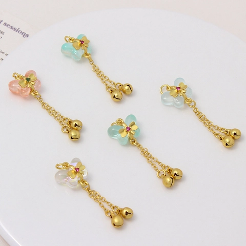 Ancient Gold Process Butterfly Pendant With Bell Tassel Copper Resin Rhinestone Charm For DIY Jewelry Making Accessories