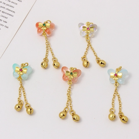 Ancient Gold Process Butterfly Pendant With Bell Tassel Copper Resin Rhinestone Charm For DIY Jewelry Making Accessories
