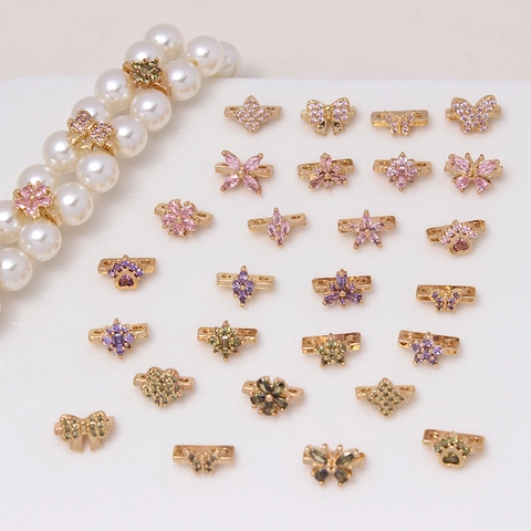 Copper Rhinestone Flower Butterfly Double Row Spacer Beads For DIY Jewelry Making Pearl Bracelet Necklace Connector Findings