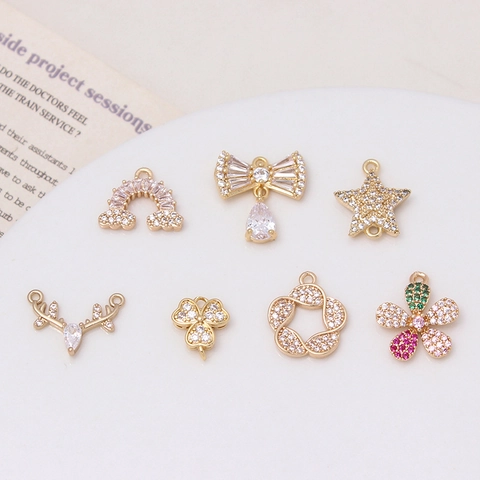 Copper Micro Pave Rhinestone Pendants Rainbow Cloud Bow Flower Antler Star Charms For DIY Jewelry Making Accessories