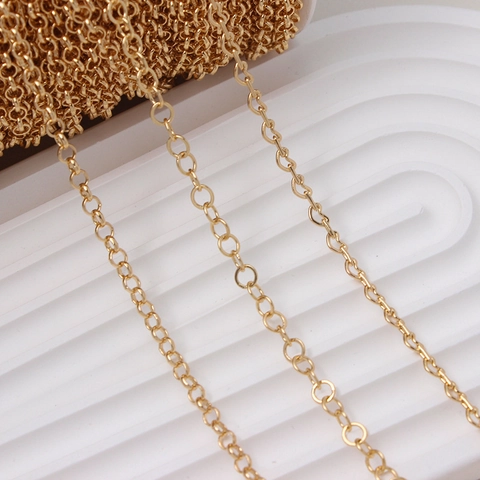 Cadena de Eslabones de Cobre Bañado en Oro Real con Círculo y Corazón para Fabricación de Collares y Pulseras DIY