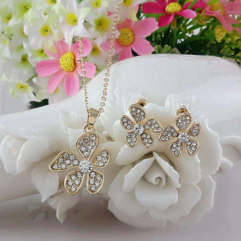 Collana In Lega Con Strass E Fiore A Cinque Petali E Orecchini A Bottone Per Donna Elegante Gioielli Da Festa Di Nozze