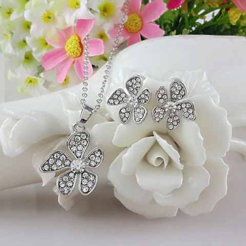 Collana In Lega Con Strass E Fiore A Cinque Petali E Orecchini A Bottone Per Donna Elegante Gioielli Da Festa Di Nozze