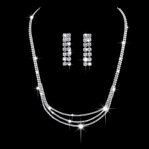 Elegant Double Layer Rhinestone Necklace Earrings Set Silver Plated Copper Claw Chain Jewelry Set For Women Wedding Party Prom Jewelry