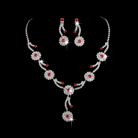 Elegant Alloy Rhinestone Necklace Earrings Silver Red Flower Water Drop Bridal Wedding Jewelry For Women Prom Banquet Accessories