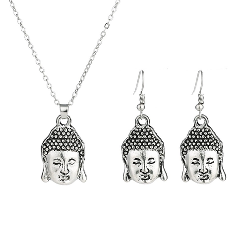 Vintage Alloy Buddha Head Pendant Necklace And Earrings Antique Silver Minimalist Jewelry For Women Gift Accessory